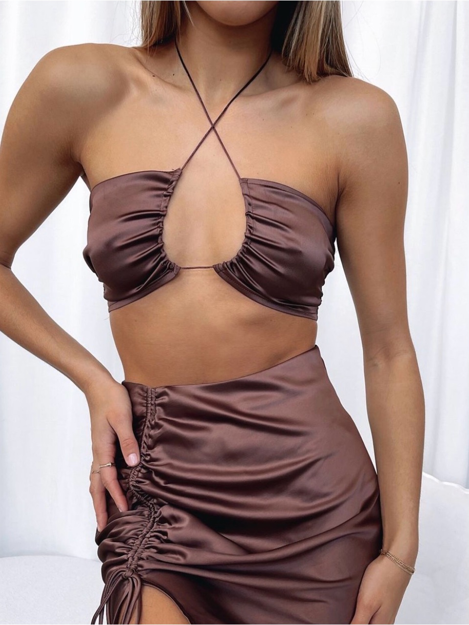 White Fox Take You Dancing Crop Sexy Satin Mocha Brown Size L